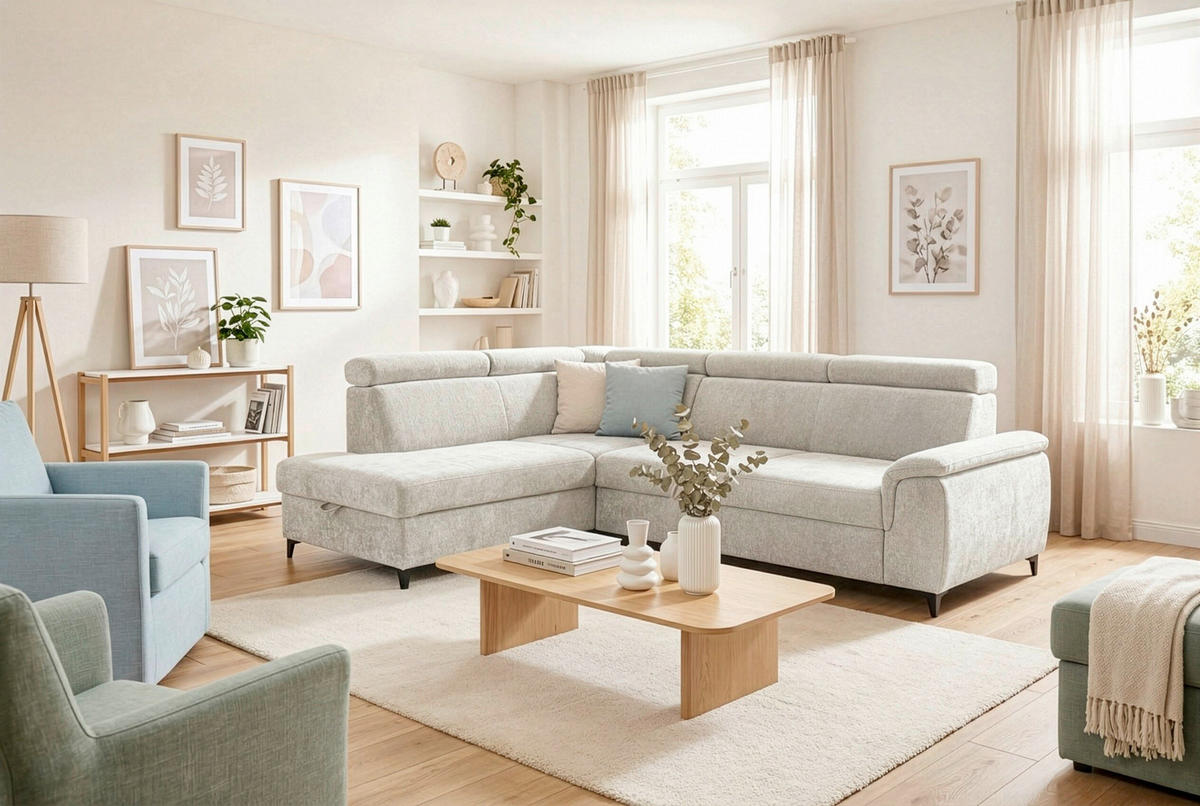 ECKSOFA Elfenbein Chenille Bettkasten, Schlaffunktion, Rücken echt, Kopfteilverstellung, Liegefläche im Originalstoff  - Elfenbein/Schwarz, KONVENTIONELL, Textil/Metall (206/265cm) - Carryhome