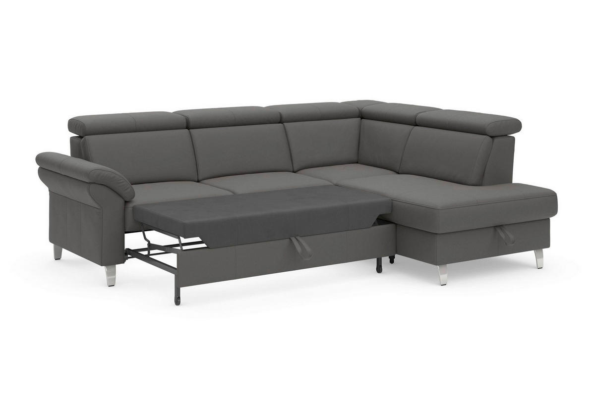 ECKSOFA 245/194 cm ARNGAST E in Mikrofaser Kombination Echtleder/Stoff Anthrazit Bettkasten, Kopfteilverstellung  245/194 cm  - Chromfarben/Anthrazit, Basics, Leder/Textil (245/194cm) - Sit & More