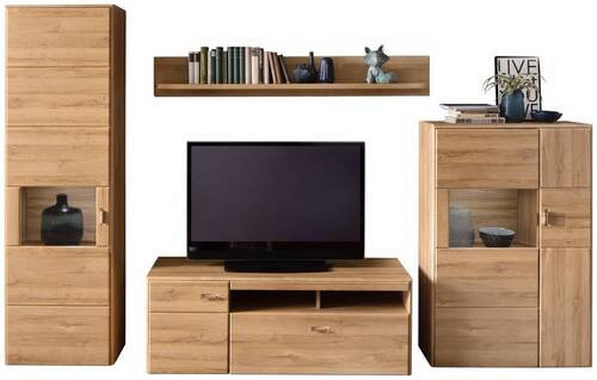 WOHNWAND  in Eichefarben 325/206/52 cm  - Eichefarben/Silberfarben, Konventionell, Glas/Holzwerkstoff (325/206/52cm) - Cantus