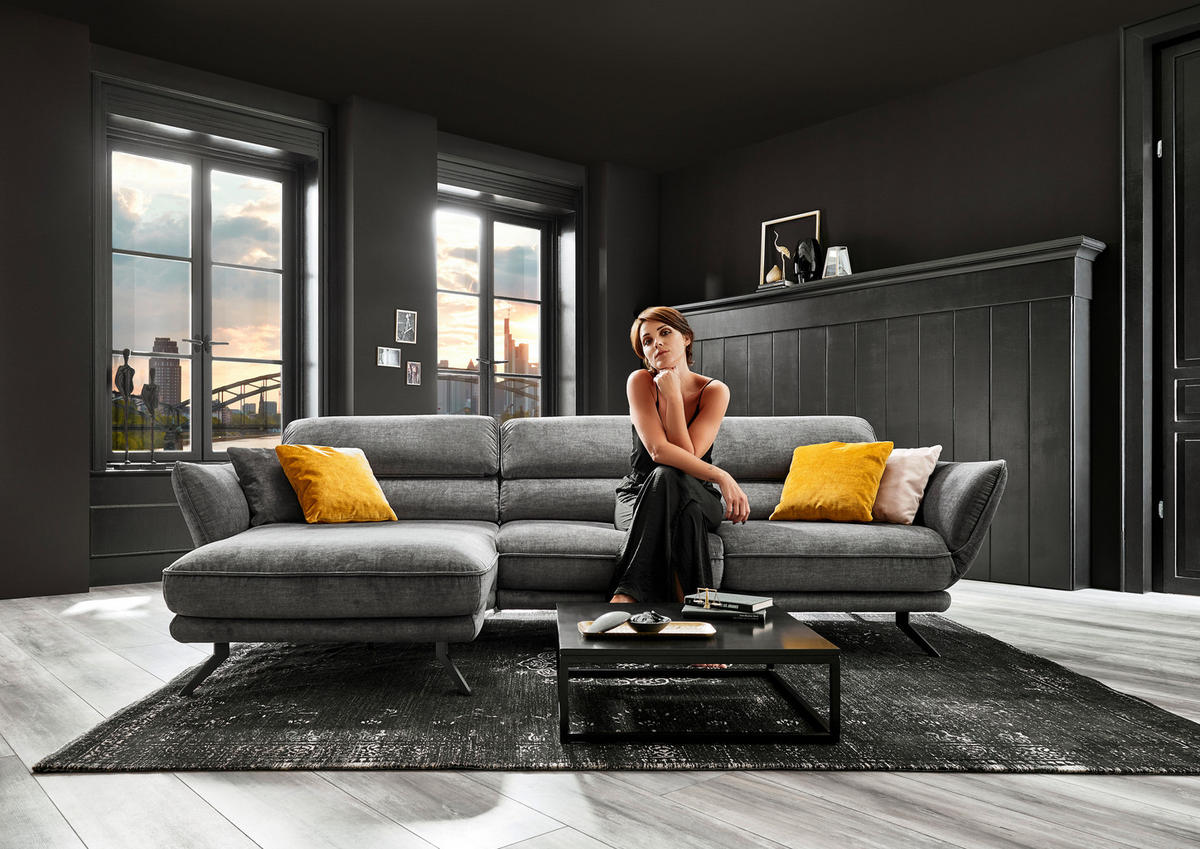 ECKSOFA in Velours Silberfarben  - Silberfarben/Schwarz, Design, Textil/Metall (153/283cm) - Valdera