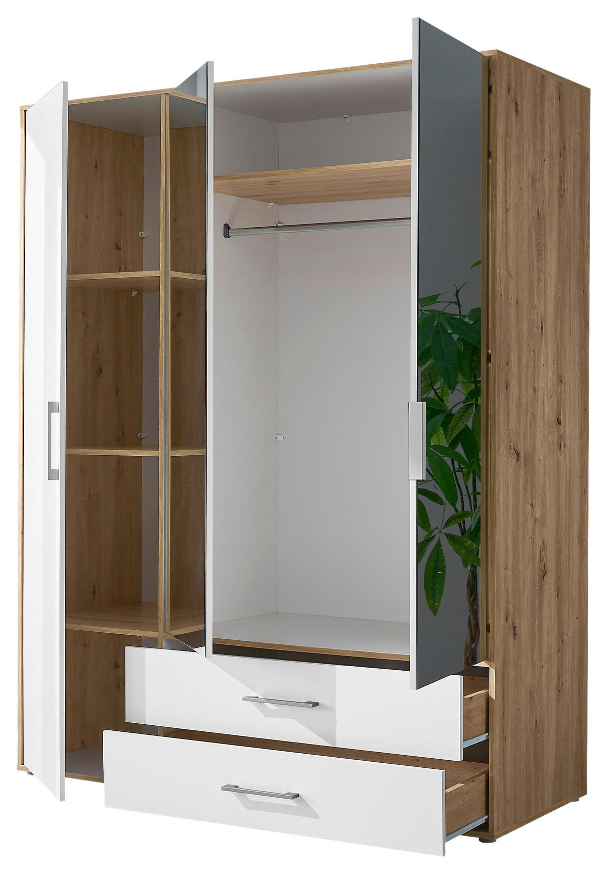 KLEIDERSCHRANK 155/195/60 cm 3-türig Weiß, Eiche Artisan  - Alufarben/Weiß, Basics, Glas/Holzwerkstoff (155/195/60cm)