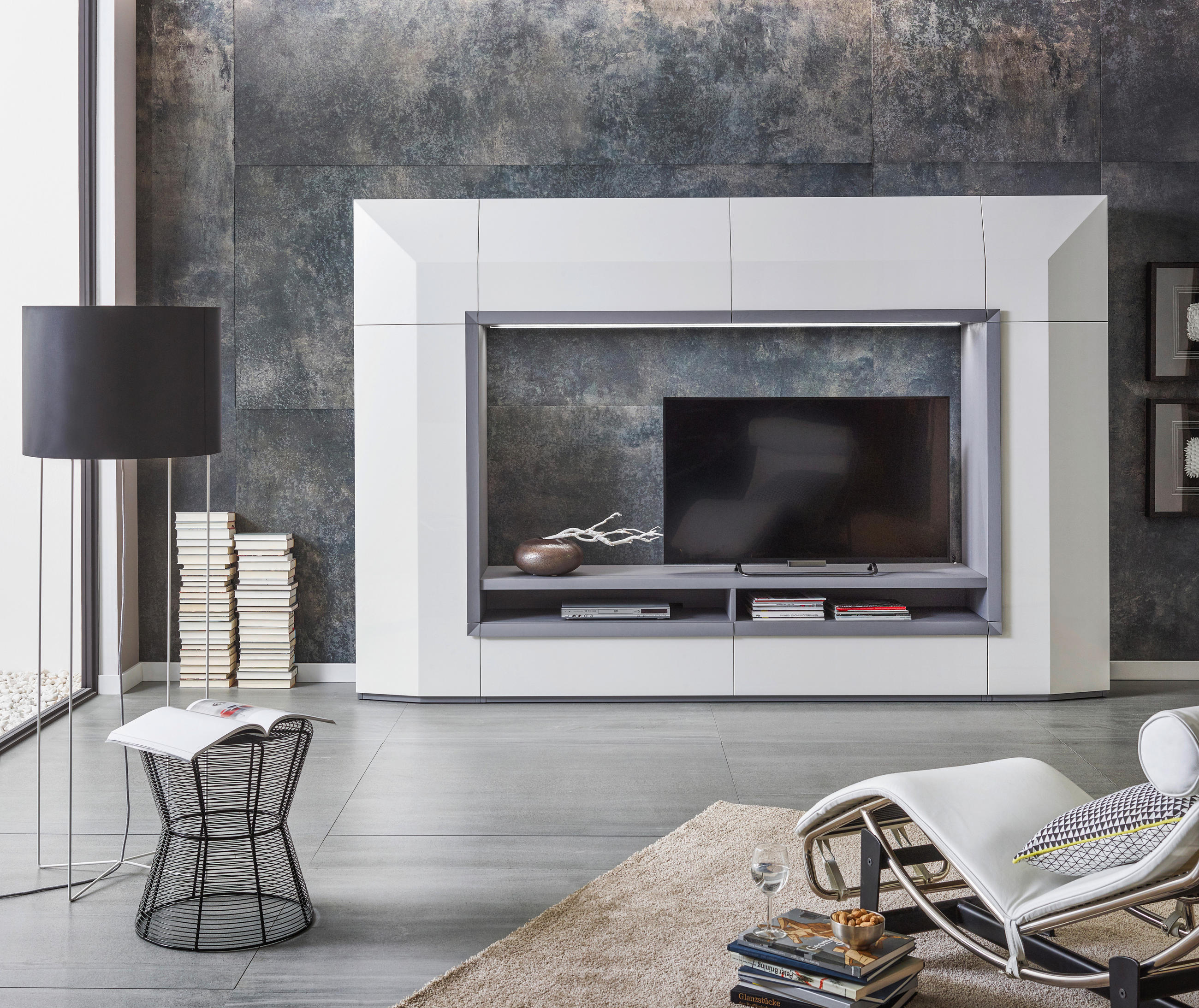WOHNWAND in Graphitfarben, Weiß 300/200/50 cm - Schwarz/Graphitfarben, Design, Glas/Holz (300/200/50cm) - Ambiente