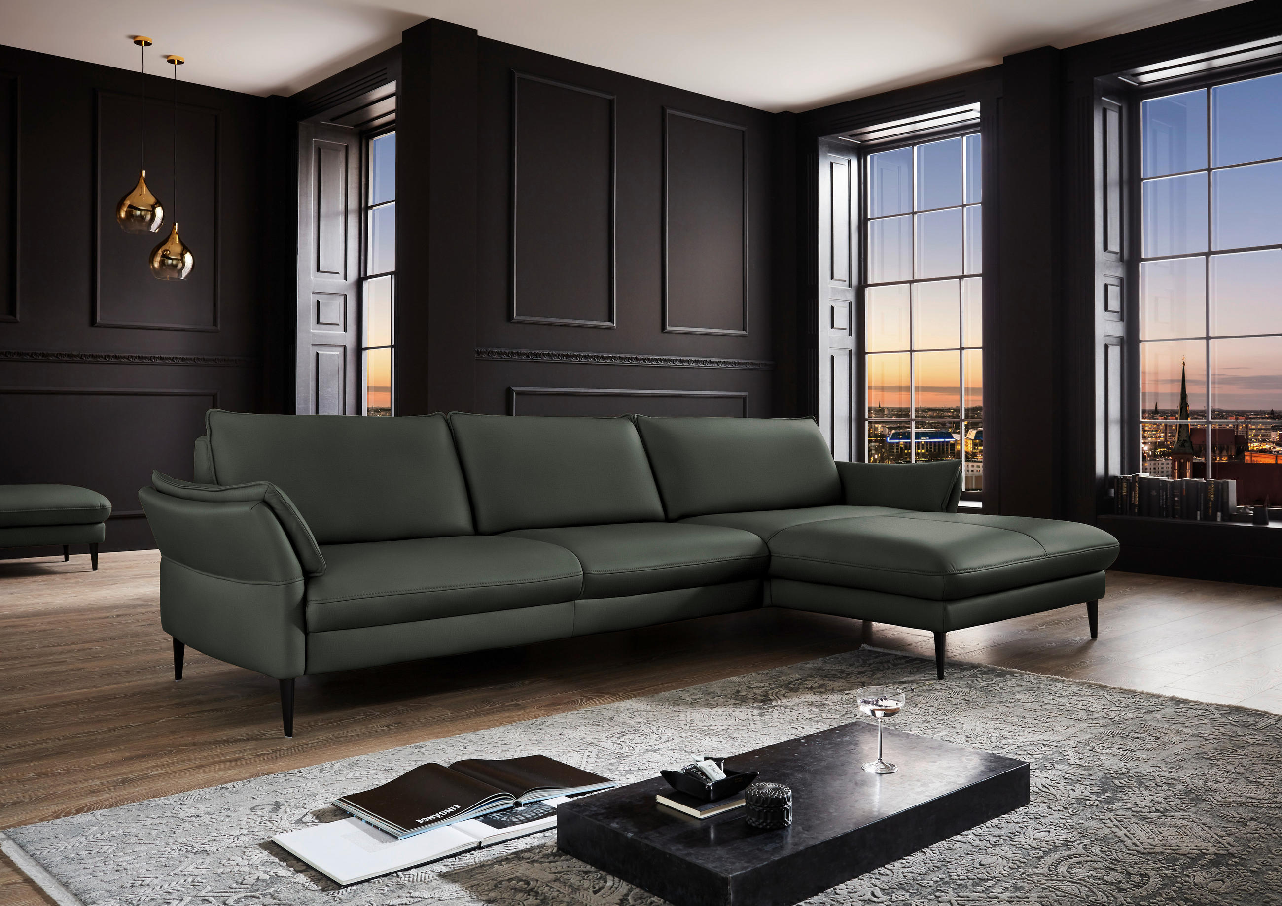 ECKSOFA inkl. Funktion Olivgrün Echtleder  - Schwarz/Olivgrün, Design, Leder/Metall (334/172cm) - Hukla