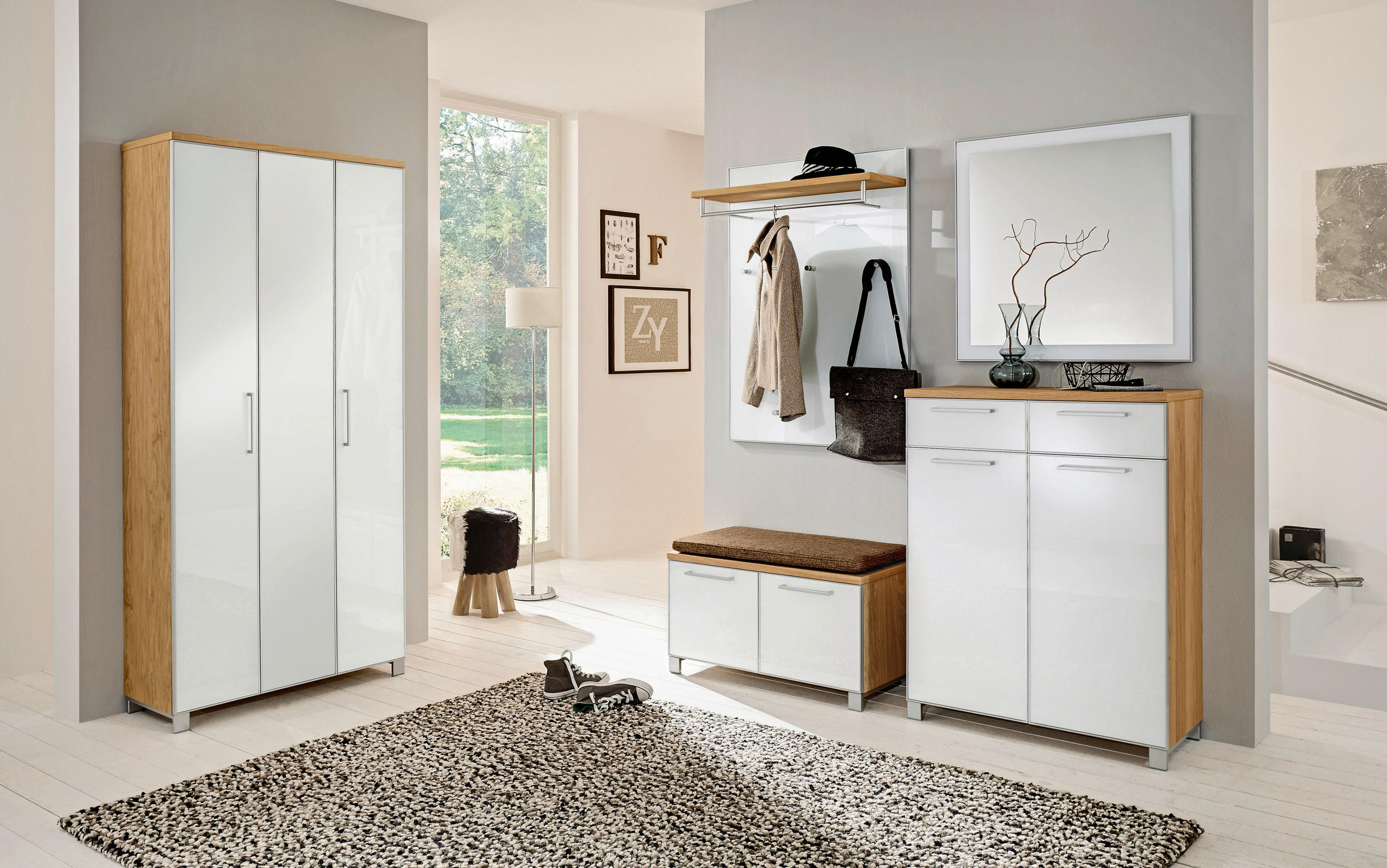 Thumbnail - Garderobenschrank Santina, Weiß, Eiche Bianco, Holzwerkstoff, Eiche, furniert, 2 Fächer, 90x193x37 cm, Goldenes M, Made ...