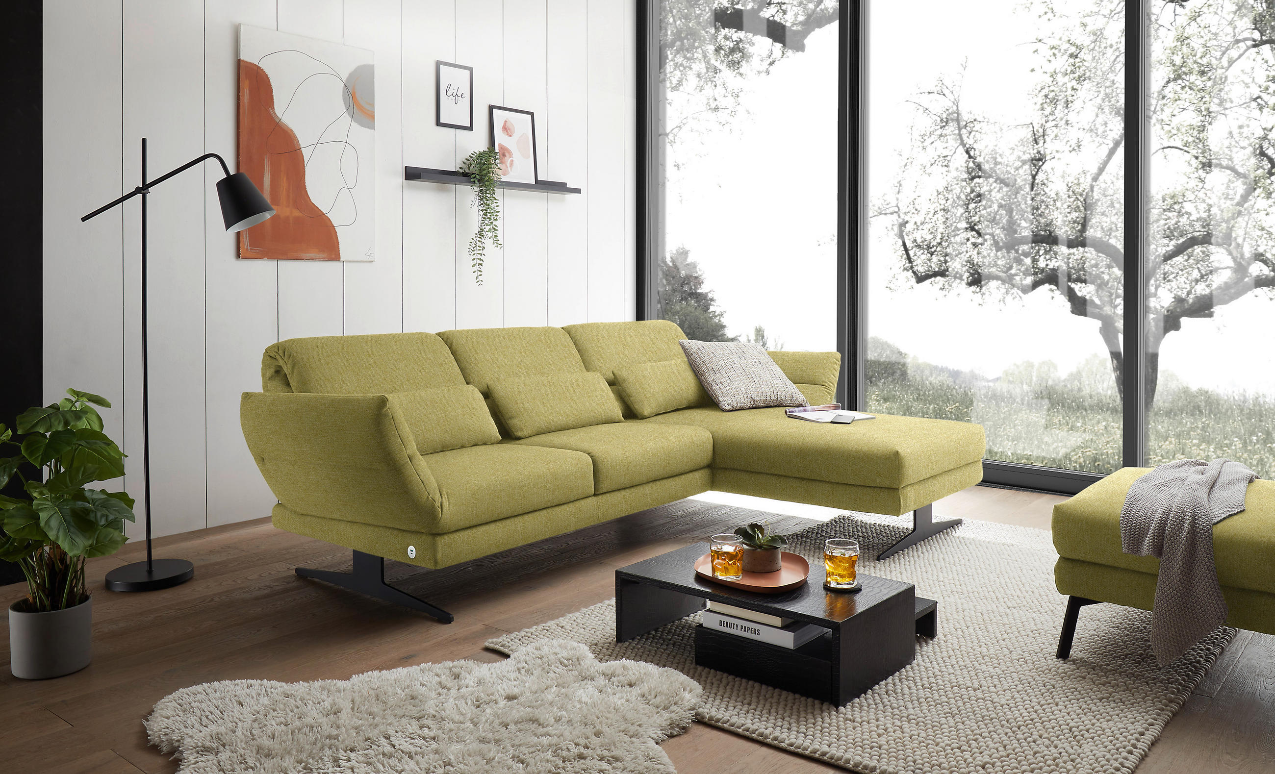 ECKSOFA in Flachgewebe Hellgrün  - Schwarz/Hellgrün, Design, Textil/Metall (279-327/176-217cm) - Dieter Knoll