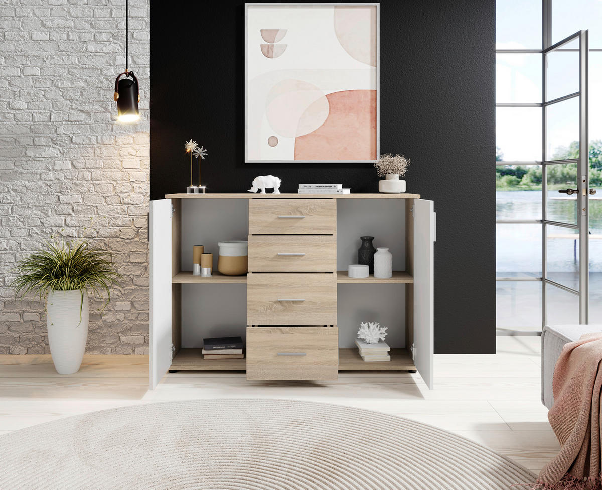 KOMMODE 120/82/35 cm  in Weiß, Sonoma Eiche  - Silberfarben/Schwarz, Design, Holzwerkstoff/Kunststoff (120/82/35cm) - Carryhome
