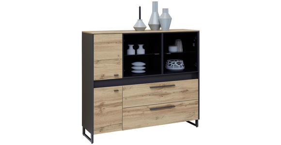 SIDEBOARD Grau, Eichefarben Befestigungsmaterial, Einlegeböden  - Eichefarben/Grau, Trend, Glas/Holzwerkstoff (144/126/40cm) - Hom`in