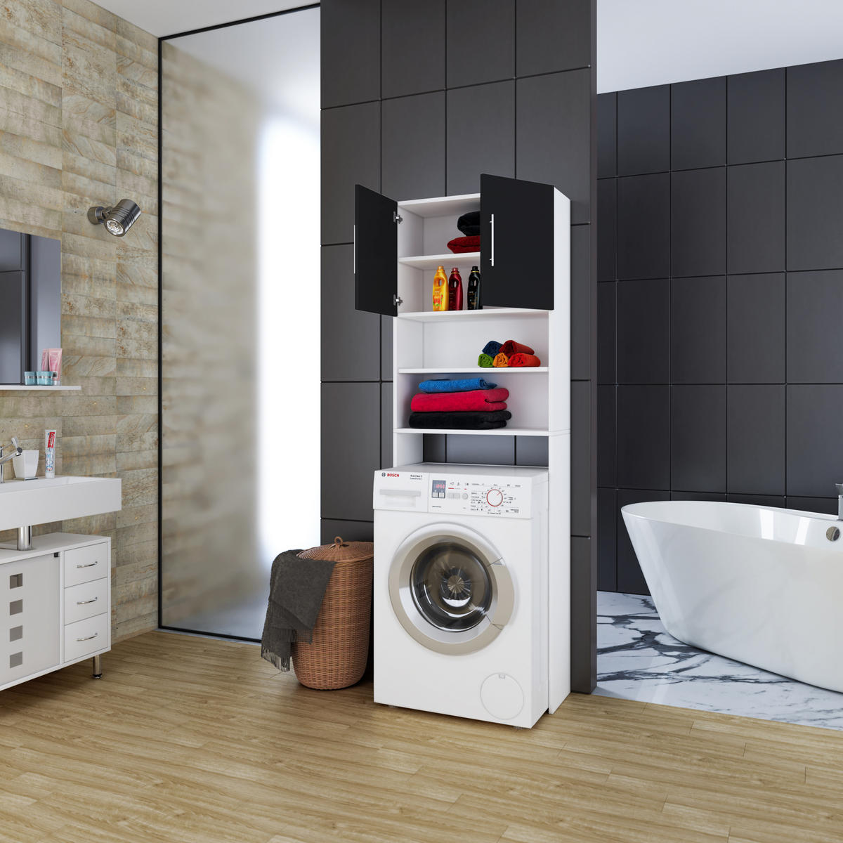 WASCHMASCHINENSCHRANK 64/190/25 cm  in Schwarz, Weiss  - Weiss/Silberfarben, Basics, Holzwerkstoff/Kunststoff (64/190/25cm) - MID.YOU