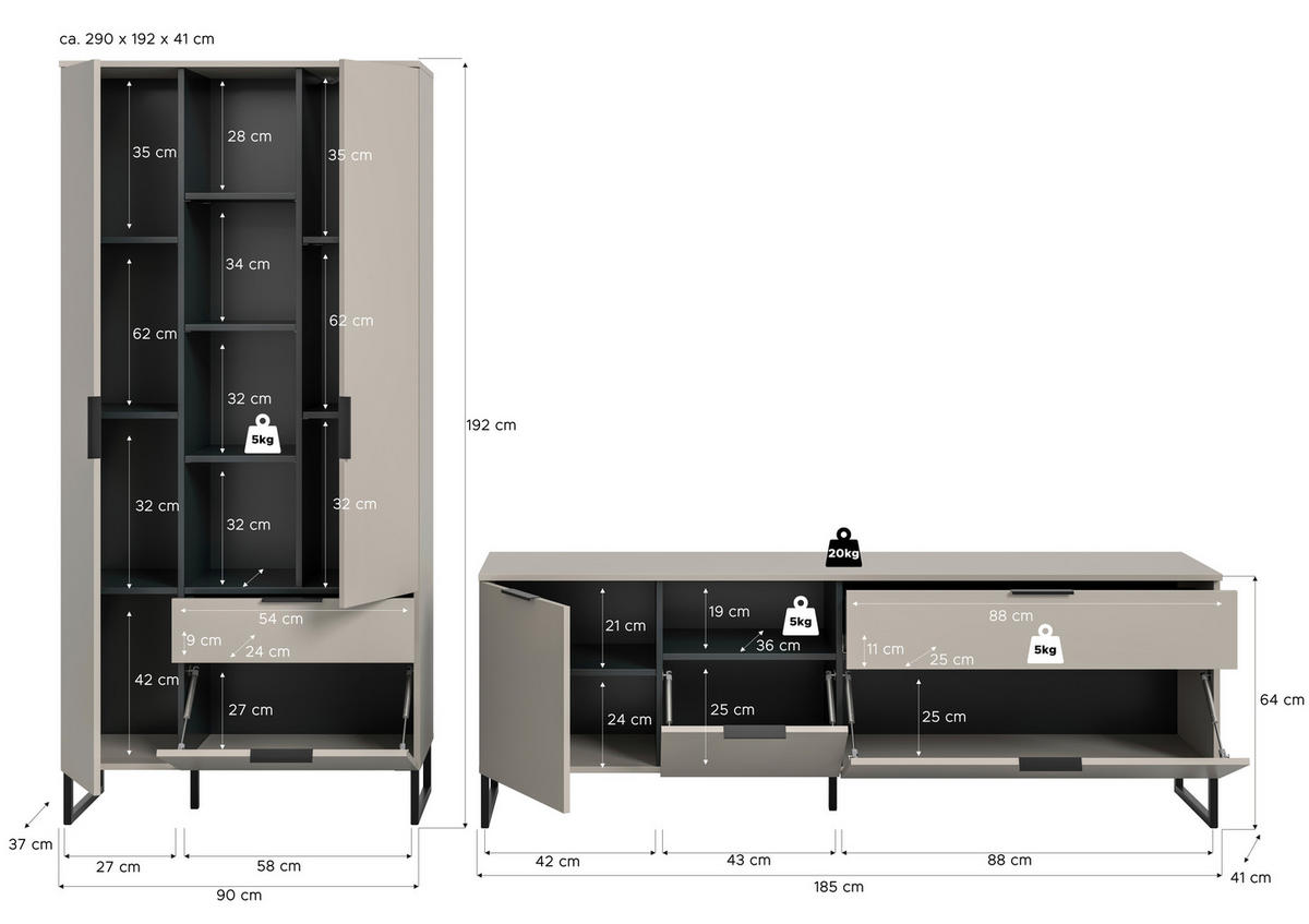 REGAL ZA DNEVNI BORAVAK kašmir   - kašmir/crna, Design, drvni materijal/metal (290/192/41cm) - Livetastic
