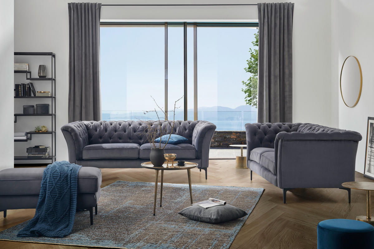CHESTERFIELD-SOFA in Flachgewebe Anthrazit  - Anthrazit/Schwarz, Lifestyle, Textil/Metall (220/80/100cm) - Landscape
