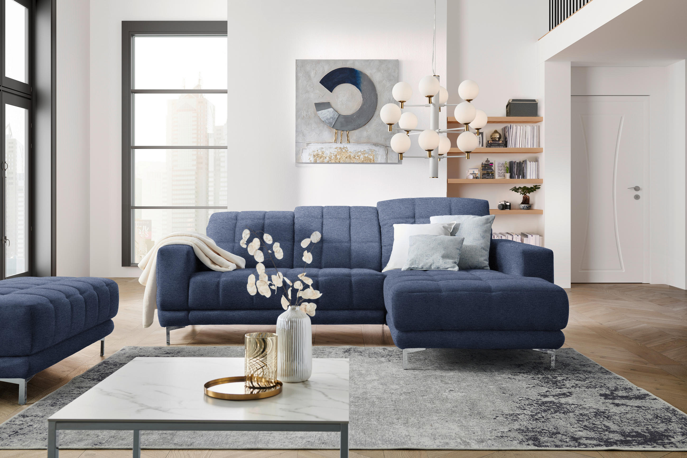 ECKSOFA in Webstoff Dunkelblau  - Chromfarben/Dunkelblau, Design, Textil/Metall (260/187cm) - Xora