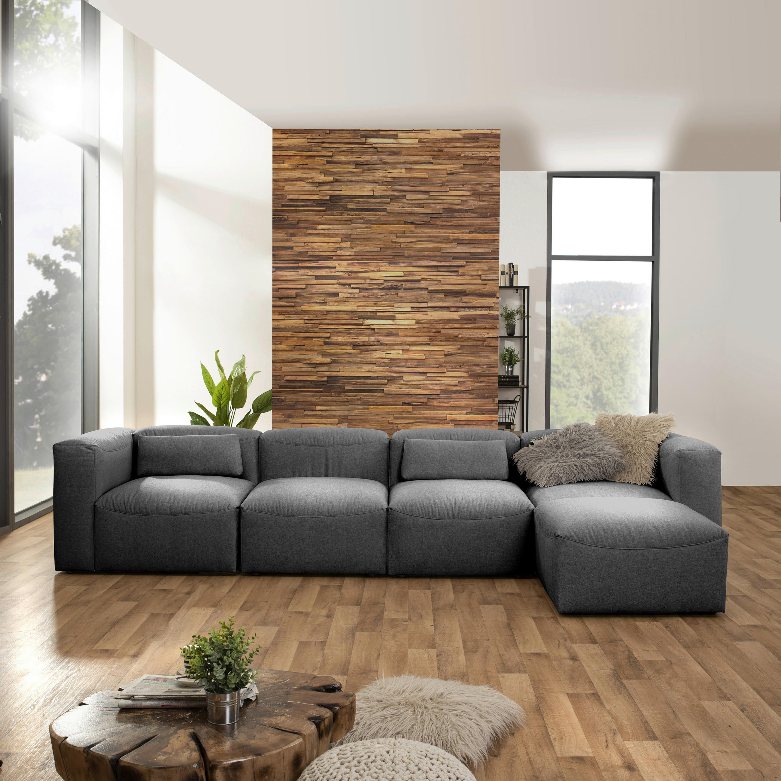 ECKSOFA LENA Anthrazit Flachgewebe - Anthrazit, Design, Kunststoff/Textil (350/175cm) - Max Winzer