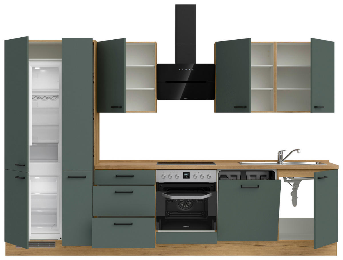 KÜCHENBLOCK 330 cm   in Eichefarben, Dunkelgrün  - Dunkelgrün/Eichefarben, MODERN, Holzwerkstoff/Metall (330cm) - Nobilia