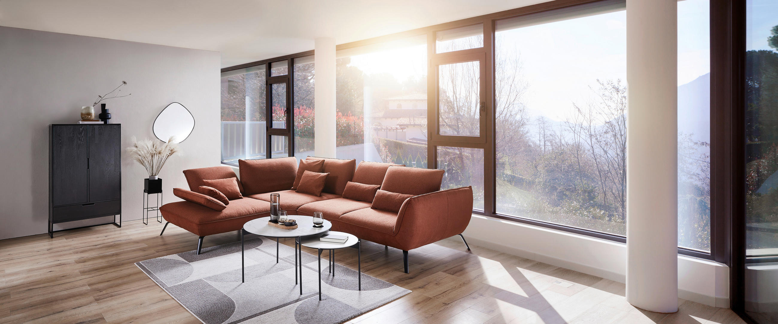 ECKSOFA Kupferfarben Flachgewebe  - Schwarz/Kupferfarben, Design, Textil/Metall (250/310cm) - Moderano