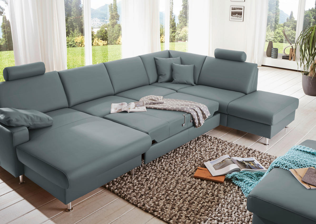 WOHNLANDSCHAFT in Echtleder Blaugrau  - Blaugrau/Alufarben, Design, Leder/Metall (165/339/233cm) - Beldomo Premium