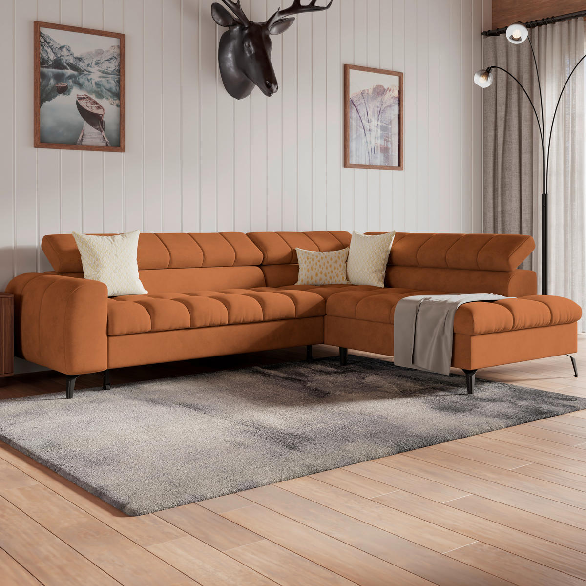 ECKSOFA Rostfarben Bettkasten, Rücken echt, Kopfteilverstellung  - Rostfarben/Schwarz, Trend, Kunststoff/Textil (261/203cm) - Livetastic