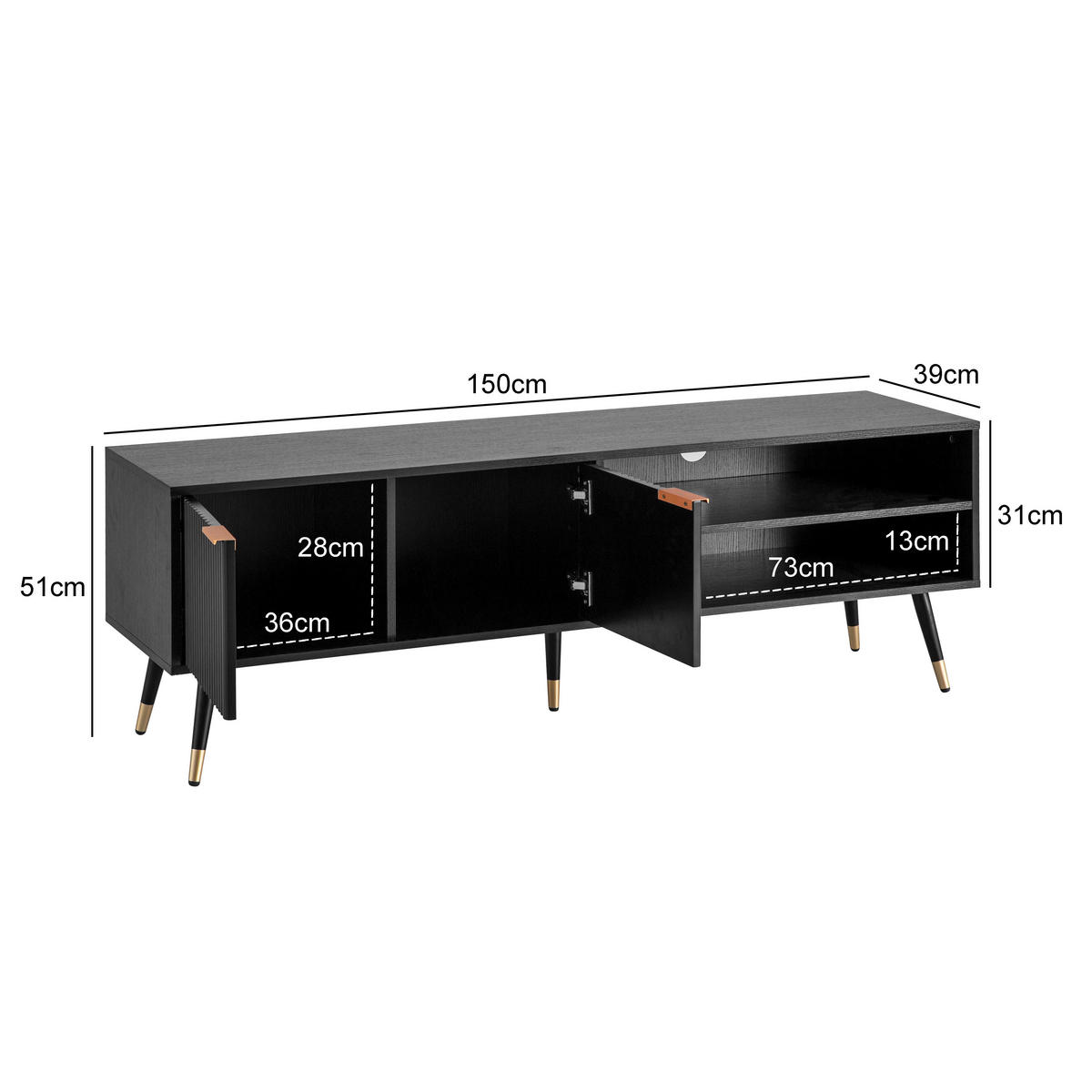 LOWBOARD  in 150/51/39 cm  - Goldfarben/Schwarz, Design, Holzwerkstoff/Metall (150/51/39cm) - MID.YOU