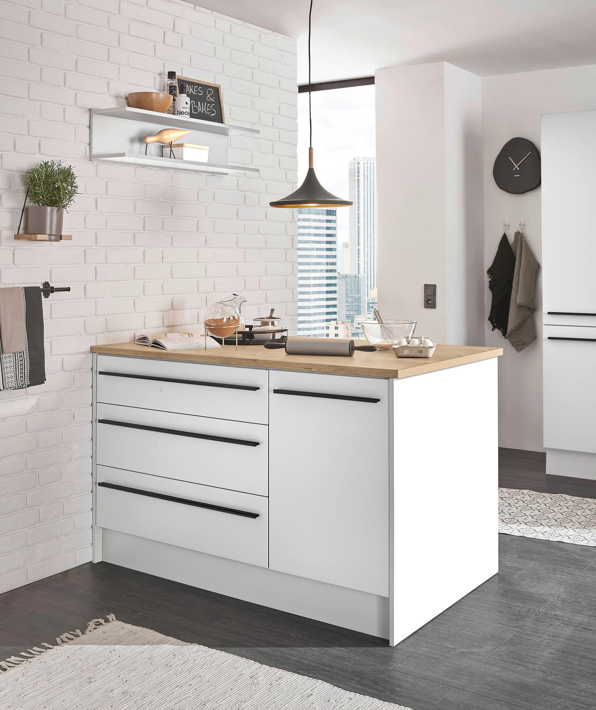 KÜCHENINSEL 145/90/90 cm  in Weiß, Eichefarben  - Eichefarben/Schwarz, Design, Holzwerkstoff/Kunststoff (145/90/90cm) - MID.YOU