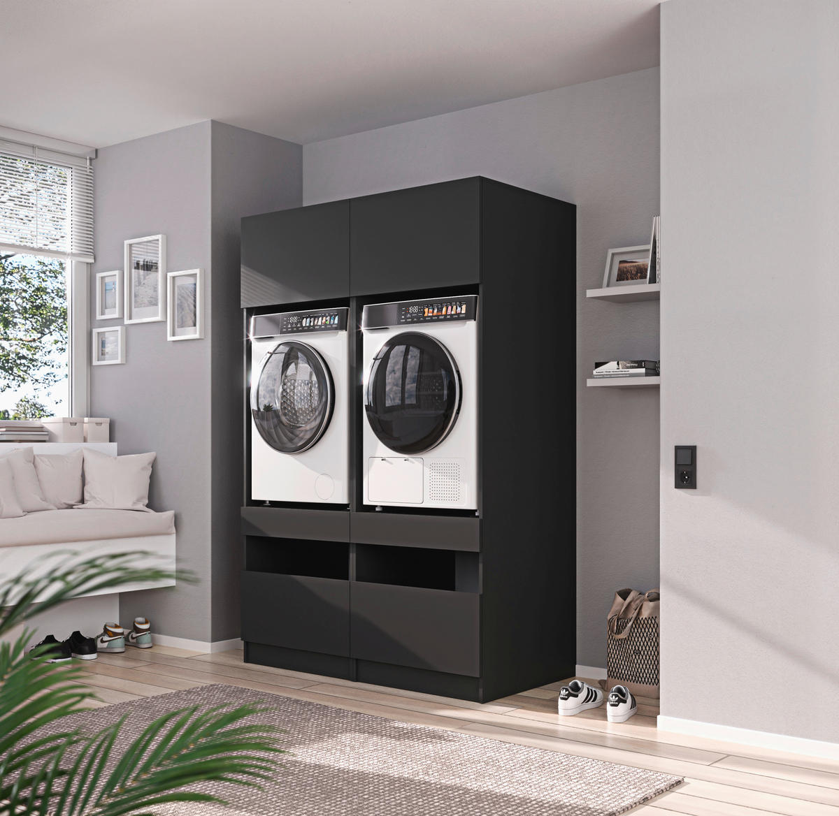 WASCHMASCHINENSCHRANK  68/200/68 cm  - Anthrazit/Schwarz, Design, Holzwerkstoff/Metall (68/200/68cm) - Milino