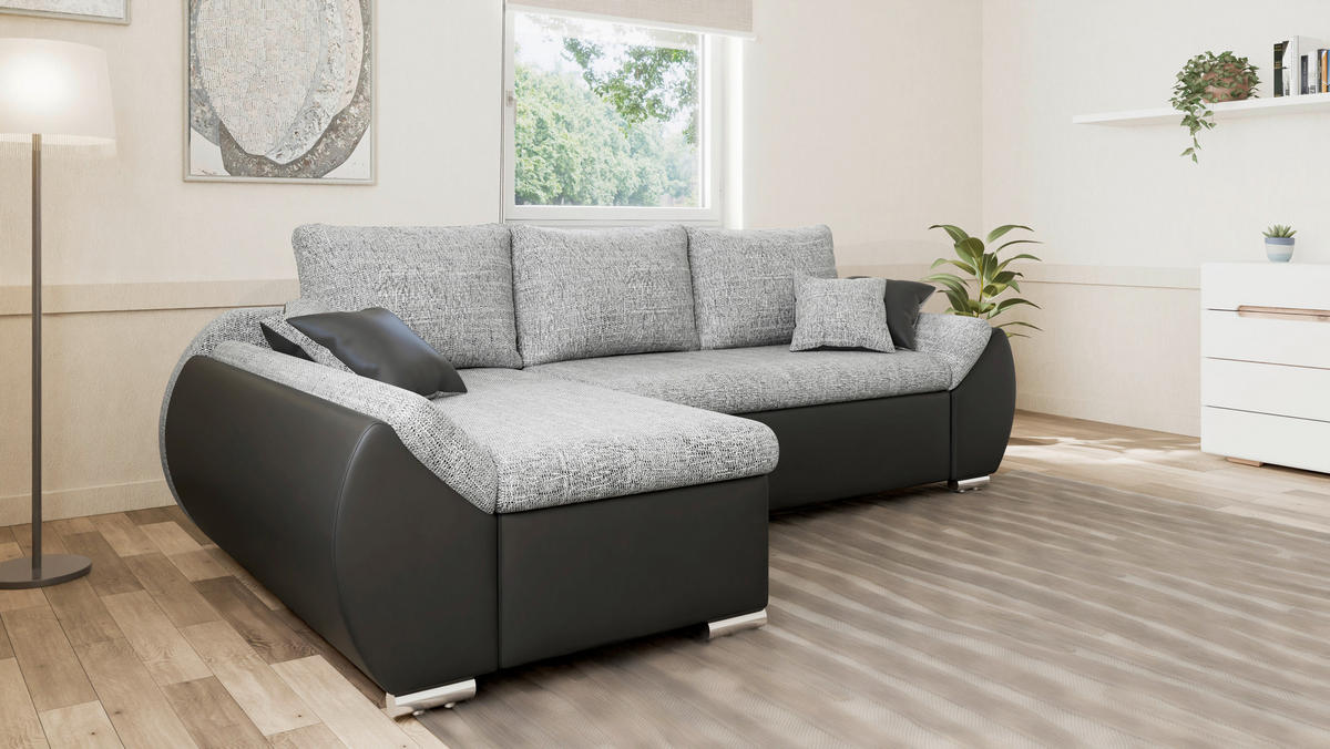 ECKSOFA  AURO Grau, Schwarz  - Silberfarben/Schwarz, Design, Kunststoff/Textil (275/155cm) - MID.YOU