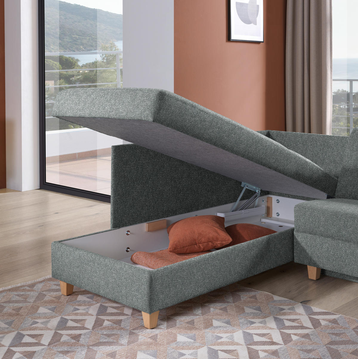 ECKSOFA  in Mikrovelours Graugrün  203/261 cm  - Eichefarben/Graugrün, KONVENTIONELL, Holz/Textil (203/261cm) - Sedda