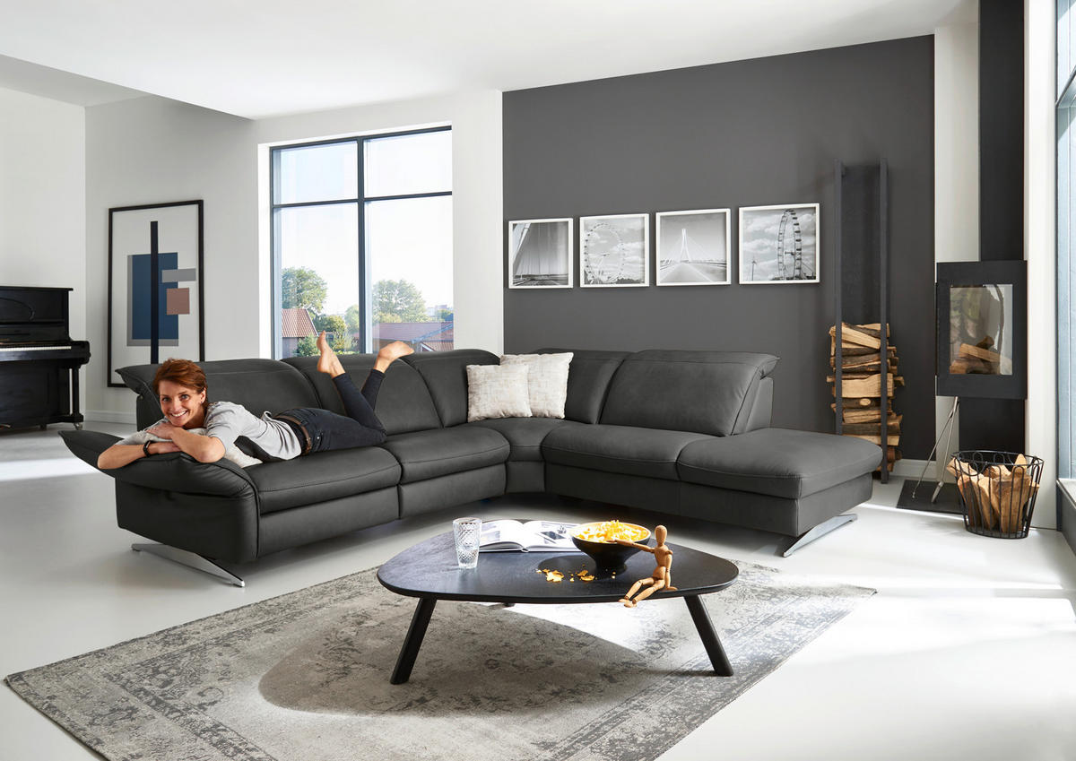 ECKSOFA Schwarz Echtleder  - Edelstahlfarben/Schwarz, Design, Leder/Metall (292/258cm) - Hukla