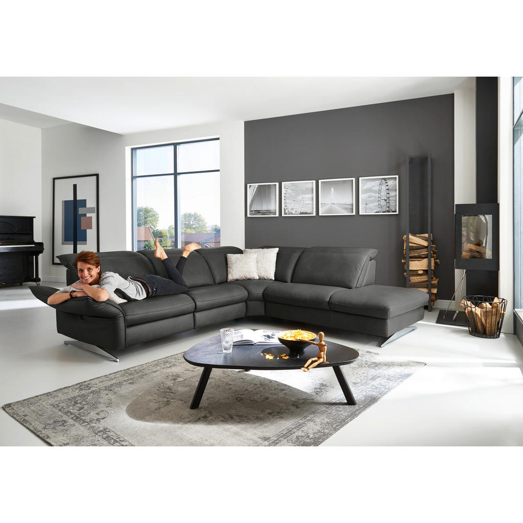 Thumbnail - Hukla Ecksofa Valdera, Schwarz, Leder, Echtleder, Semi-Anilinleder, 4-Sitzer, Ottomane rechts, Eckteil, L-Form, 292x258 ...