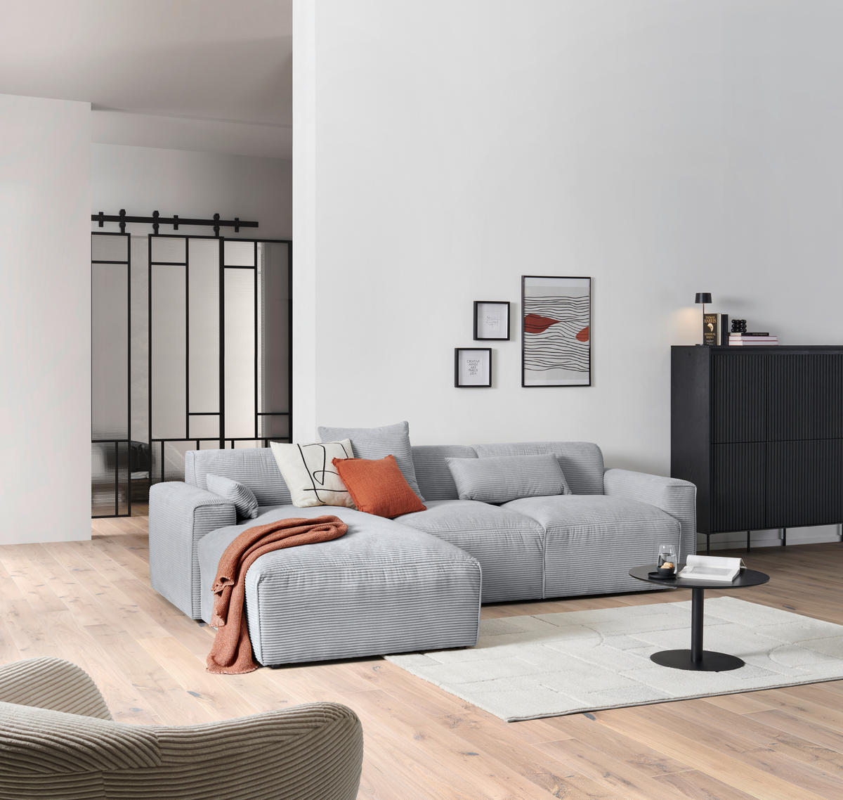 ECKSOFA in Cord Grau  - Schwarz/Grau, Design, Kunststoff/Textil (196/303cm) - Livetastic
