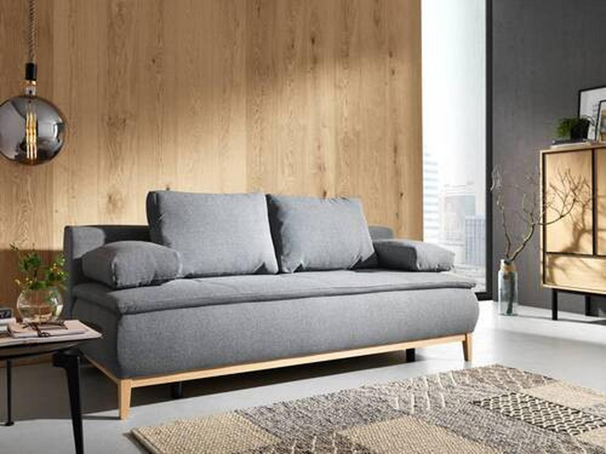 BOXSPRINGSOFA  mit Stoffauswahl, Schlafen auf Sitzhöhe Flachgewebe Grau  - Eichefarben/Beige, Design, Holz/Textil (202/78/93/100cm) - Carryhome