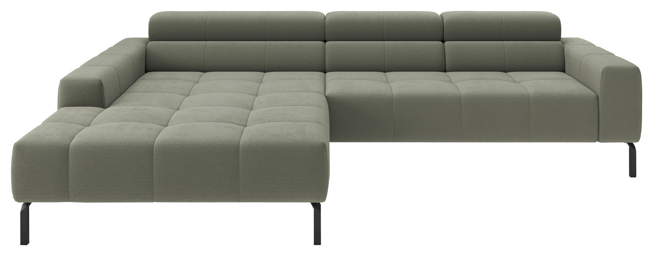 ECKSOFA Graugrün Feincord Rücken echt, Kopfteilverstellung, Sitztiefenverstellung  - Schwarz/Graugrün, KONVENTIONELL, Textil/Metall (226/293cm) - Hom`in