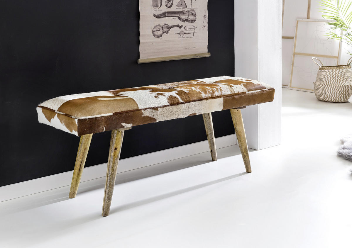 HOCKERBANK in Fell Braun, Weiss  - Weiss/Braun, Natur, Holz/Fell (120/52/40cm) - MID.YOU