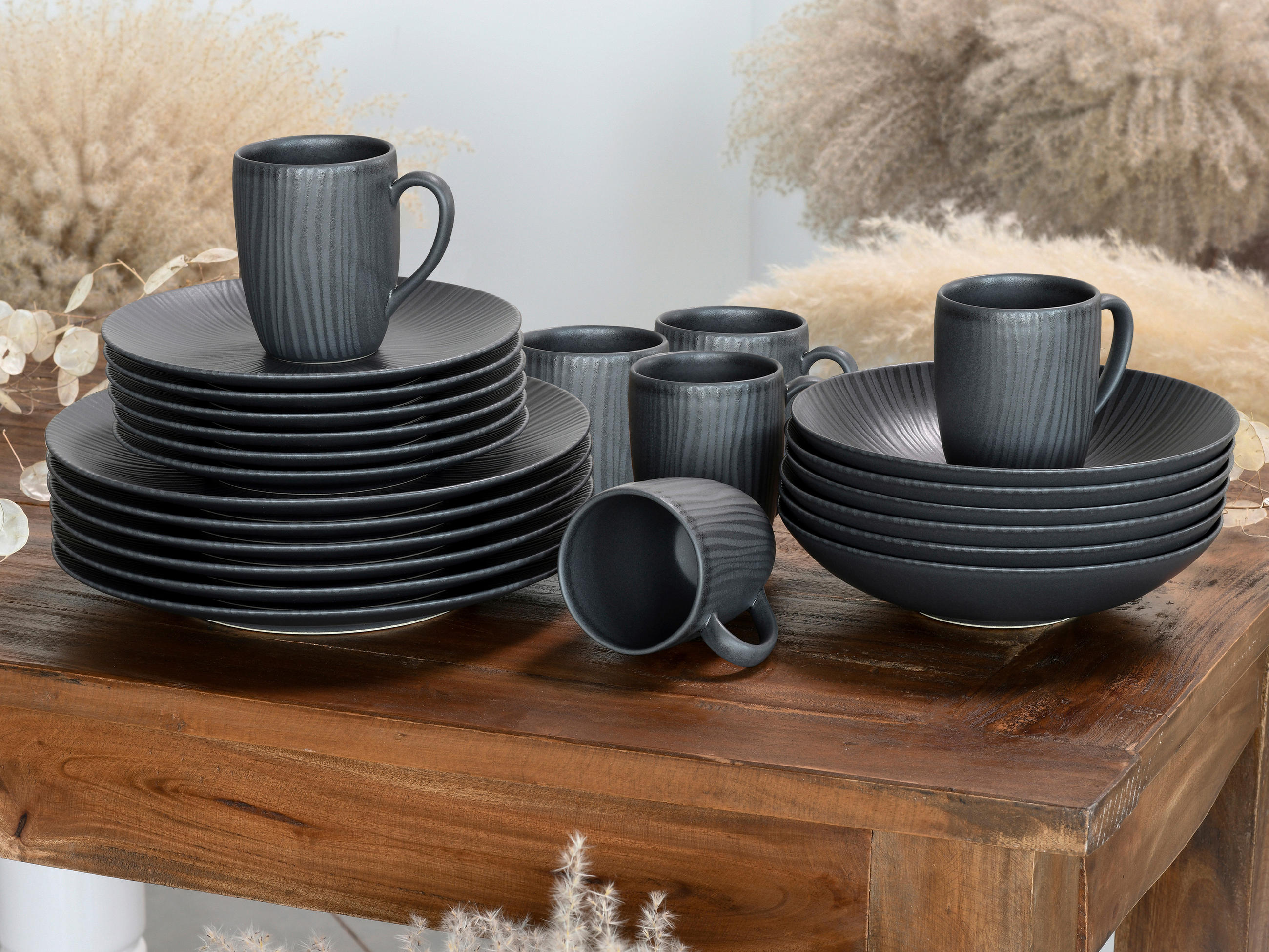 KOMPLETT SERVIS Vesuvio Schwarz 24 delar  - antracit, keramik - Creatable