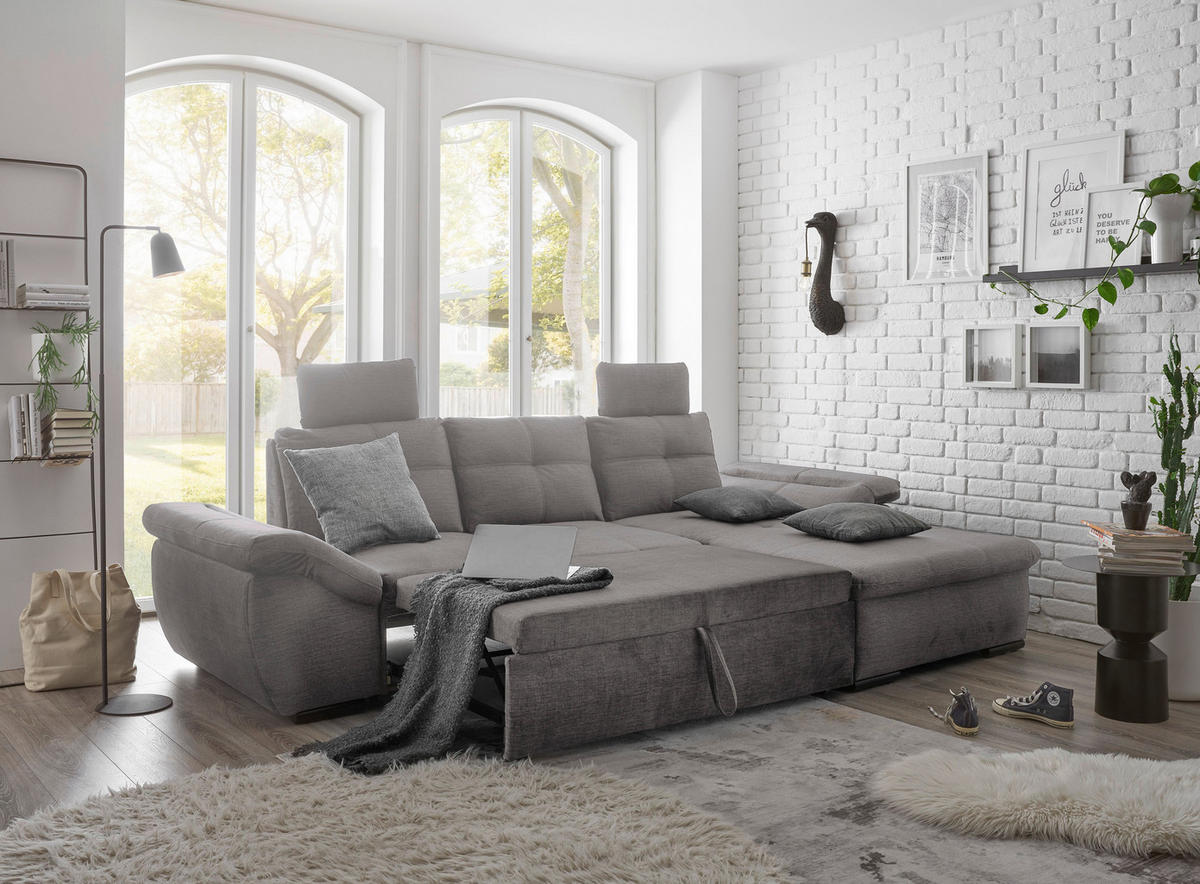 ECKSOFA in Mikrovelours Hellgrau  - Hellgrau/Schwarz, Konventionell, Kunststoff/Textil (275/170cm) - Carryhome
