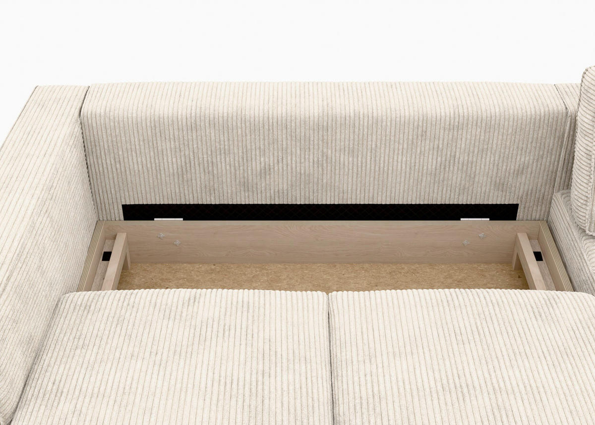 ECKSCHLAFSOFA WATKINS  mit Schlafen auf Sitzhöhe, Rücken echt, Armteil links, Armteil rechts Cord Creme  - Creme/Schwarz, MODERN, Textil/Metall (232/161cm) - Trendmanufaktur