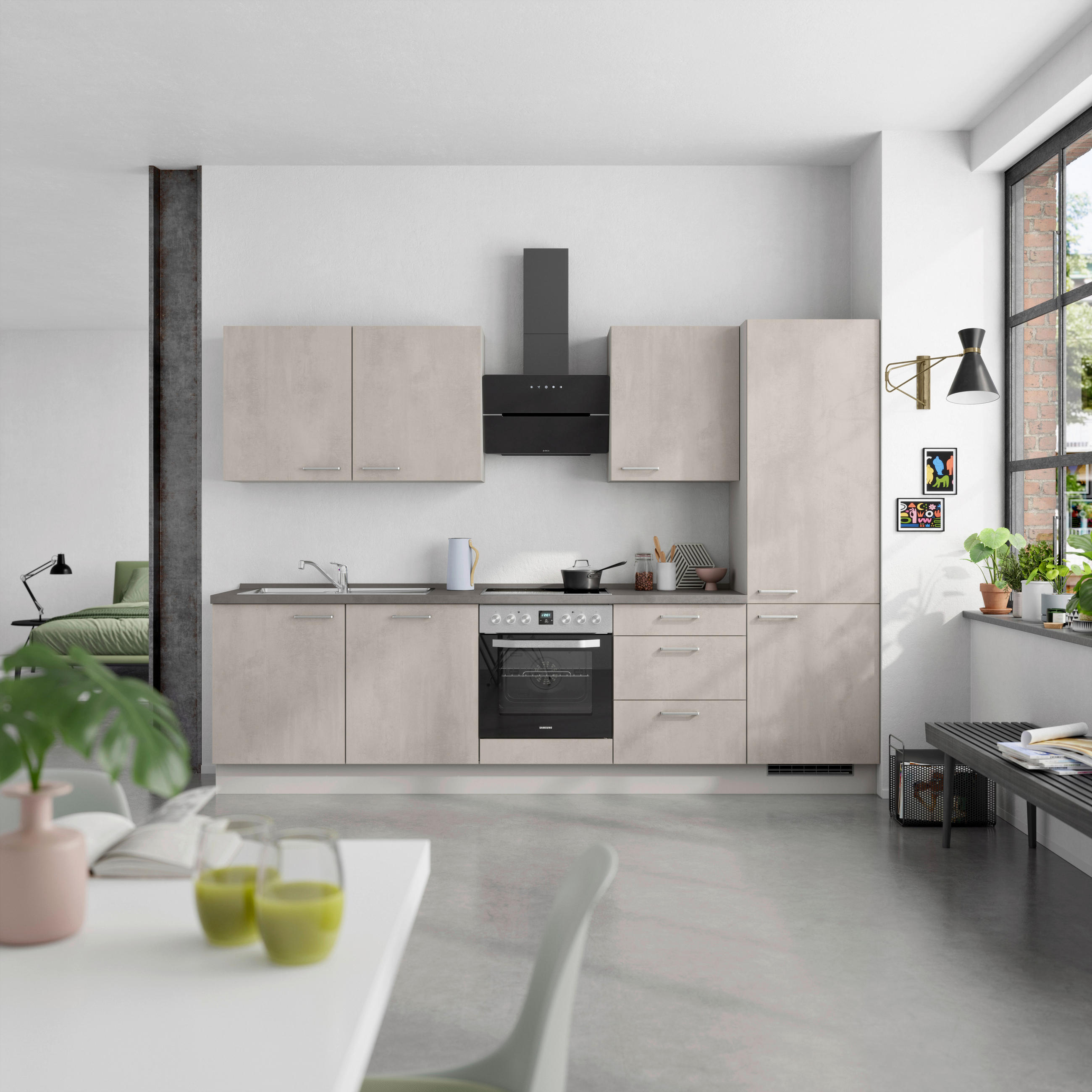 KÜCHENBLOCK Riva 300 cm  in Grau, Schieferfarben  - Schieferfarben/Edelstahlfarben, MODERN, Holzwerkstoff/Metall (300cm) - Nobilia