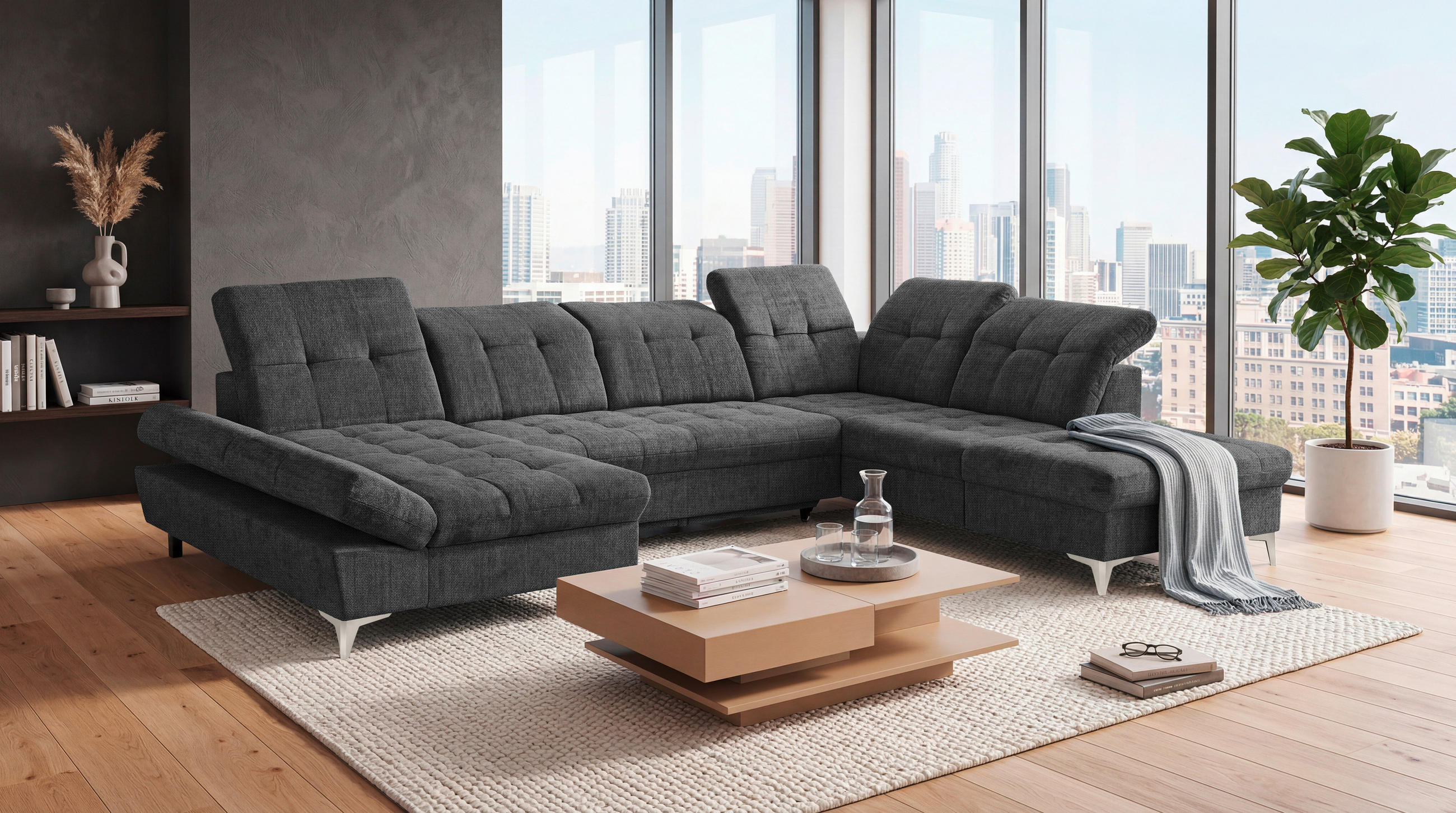 WOHNLANDSCHAFT MERCY Graphitfarben Mikrovelours  - Kaschmir/Graphitfarben, MODERN, Kunststoff/Textil (169/348/245cm) - MID.YOU