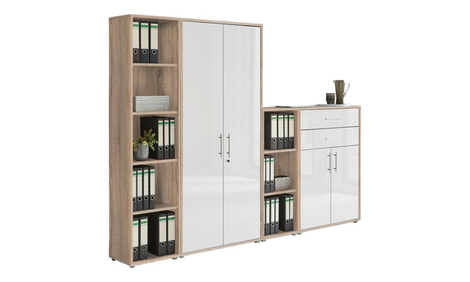 AKTENSCHRANK Sonoma Eiche, Weiß Hochglanz  - Weiß Hochglanz/Sonoma Eiche, MODERN, Holzwerkstoff (257/185,6/33cm) - MID.YOU