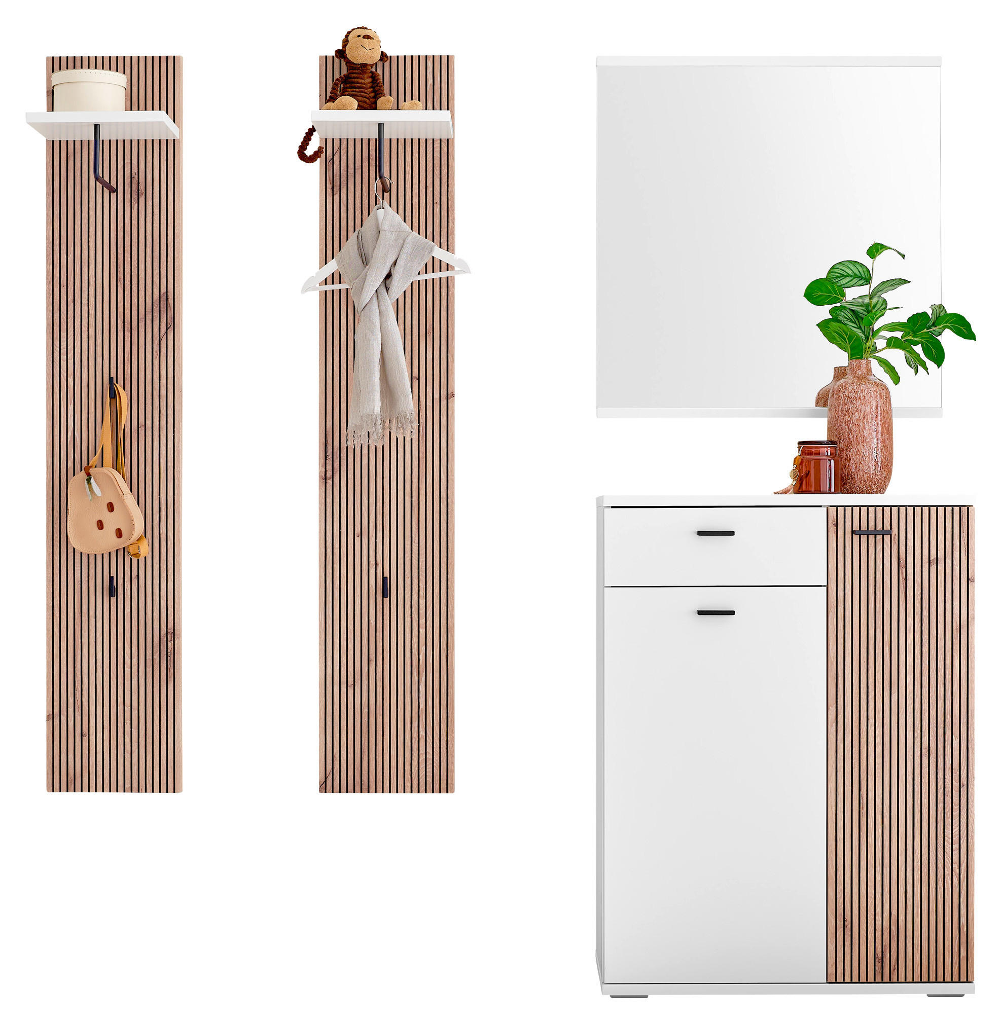 GARDEROBE 4-teilig  in 155/198/37 cm  - Weiss/Eichefarben, Design, Holzwerkstoff (155/198/37cm) - Voleo