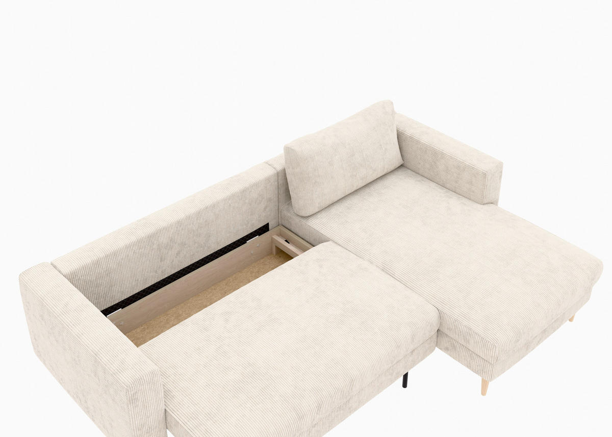 ECKSCHLAFSOFA  mit Rücken echt, Armteil links, Armteil rechts Cord Creme  - Buchefarben/Creme, MODERN, Holz/Textil (232/161cm) - Trendmanufaktur