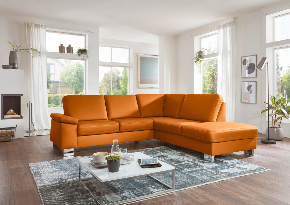 ECKSOFA  in Echtleder Orange  248/235 cm  - Beige/Alufarben, Design, Leder/Metall (248/235cm) - Beldomo Premium