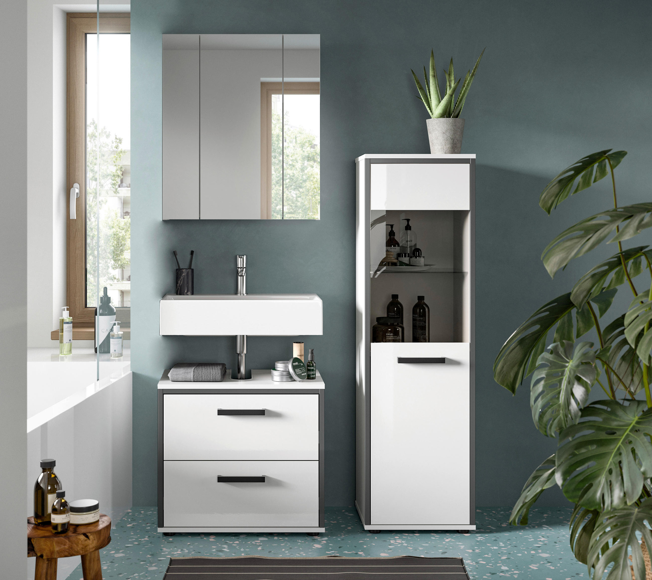 BADEZIMMER 3-teilig  in 100 cm  - Weiß Hochglanz/Schwarz, MODERN, Holzwerkstoff/Kunststoff (100cm) - MID.YOU