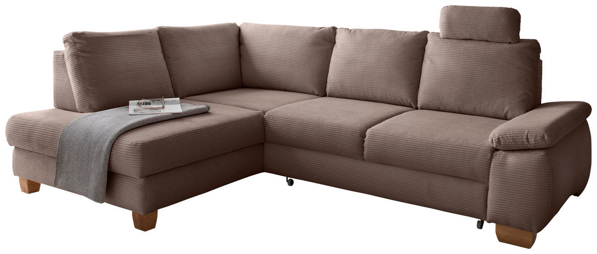 ECKSCHLAFSOFA  mit Liegefunktion, Rücken echt, Armteil rechts Cord Graubraun  - Wildeiche/Graubraun, MODERN, Holz/Textil (206/261cm) - Livetastic