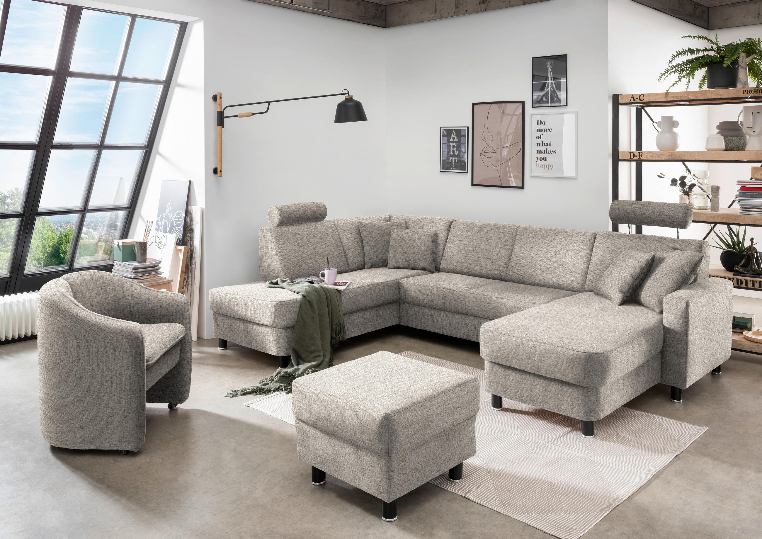 WOHNLANDSCHAFT in Webstoff Beige  - Beige/Schwarz, Design, Holz/Textil (198/296/165cm) - Xora