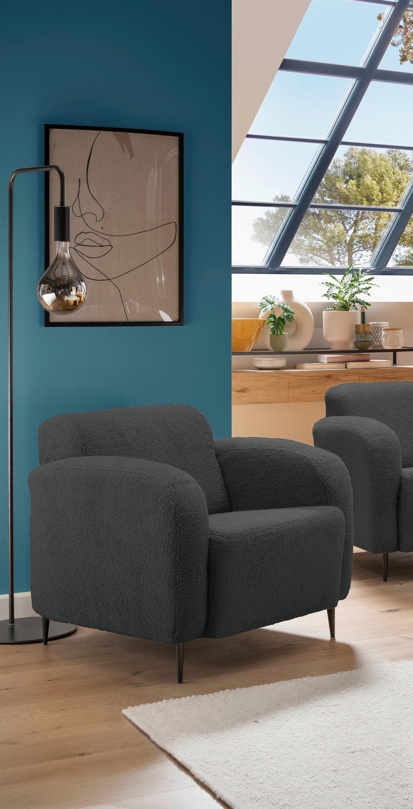 SESSEL in Teddystoff Anthrazit  - Anthrazit/Schwarz, Modern, Textil/Metall (85/76/90cm) - Livetastic