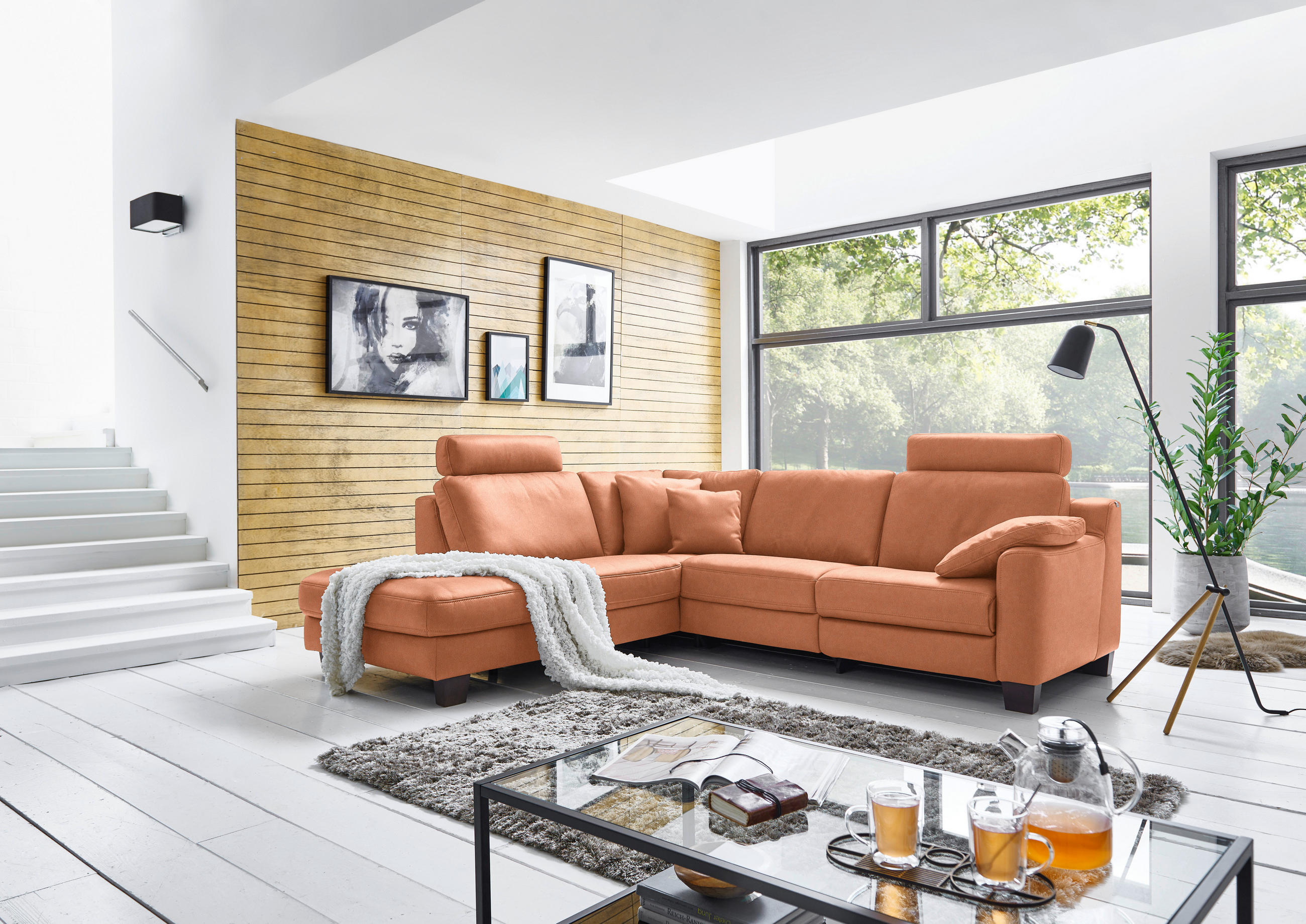 ECKSOFA in Echtleder Cognac  - Eichefarben/Cognac, Design, Leder/Holz (235/259cm) - Valdera