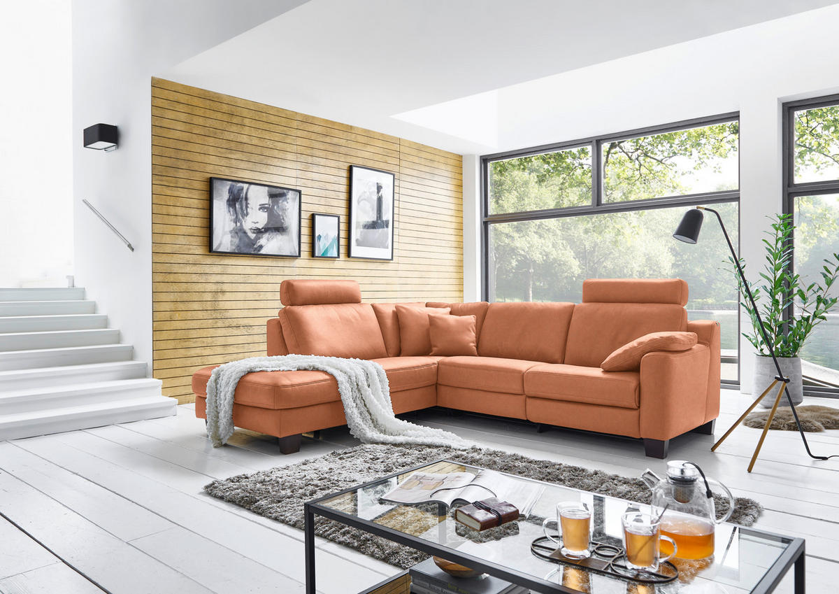 ECKSOFA in Echtleder Cognac  - Eichefarben/Cognac, Design, Leder/Holz (235/259cm) - Valdera
