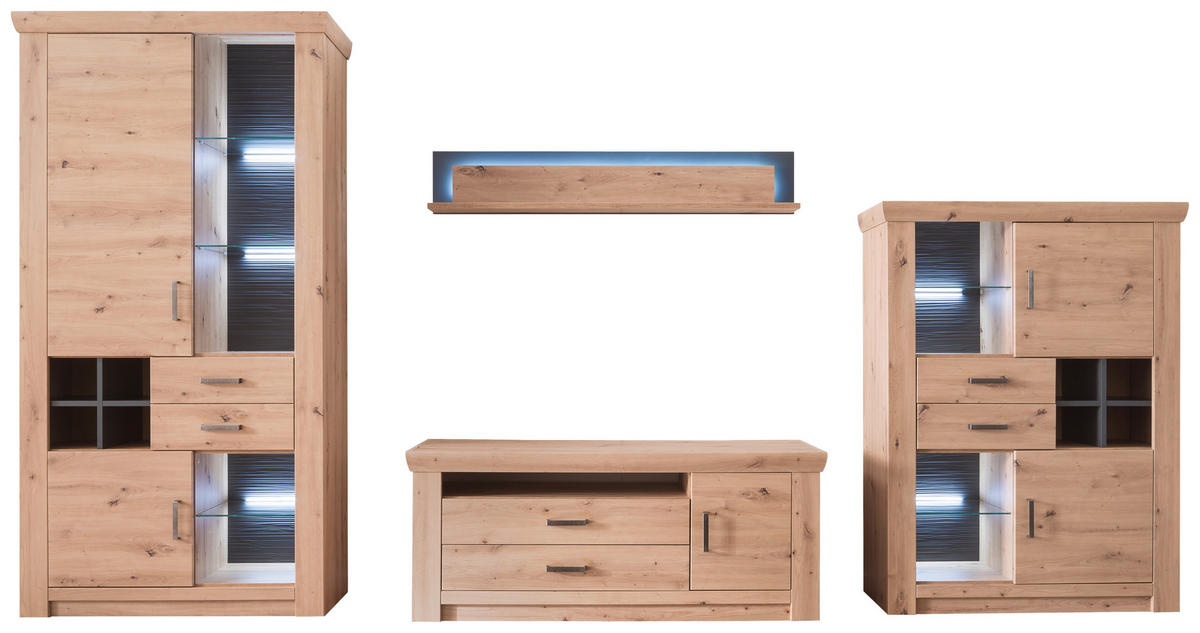 WOHNWAND Maputo  in Anthrazit, Eichefarben  371/211/55 cm  - Eichefarben/Anthrazit, Design, Glas/Holzwerkstoff (371/211/55cm) - Livetastic