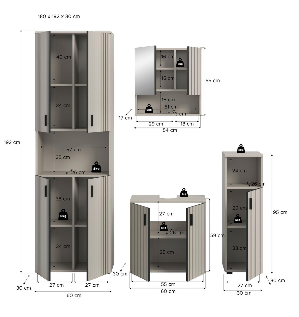 BADEZIMMER 4-teilig  in 150 cm  - Kaschmir/Schwarz, Trend, Glas/Holzwerkstoff (150cm) - MID.YOU