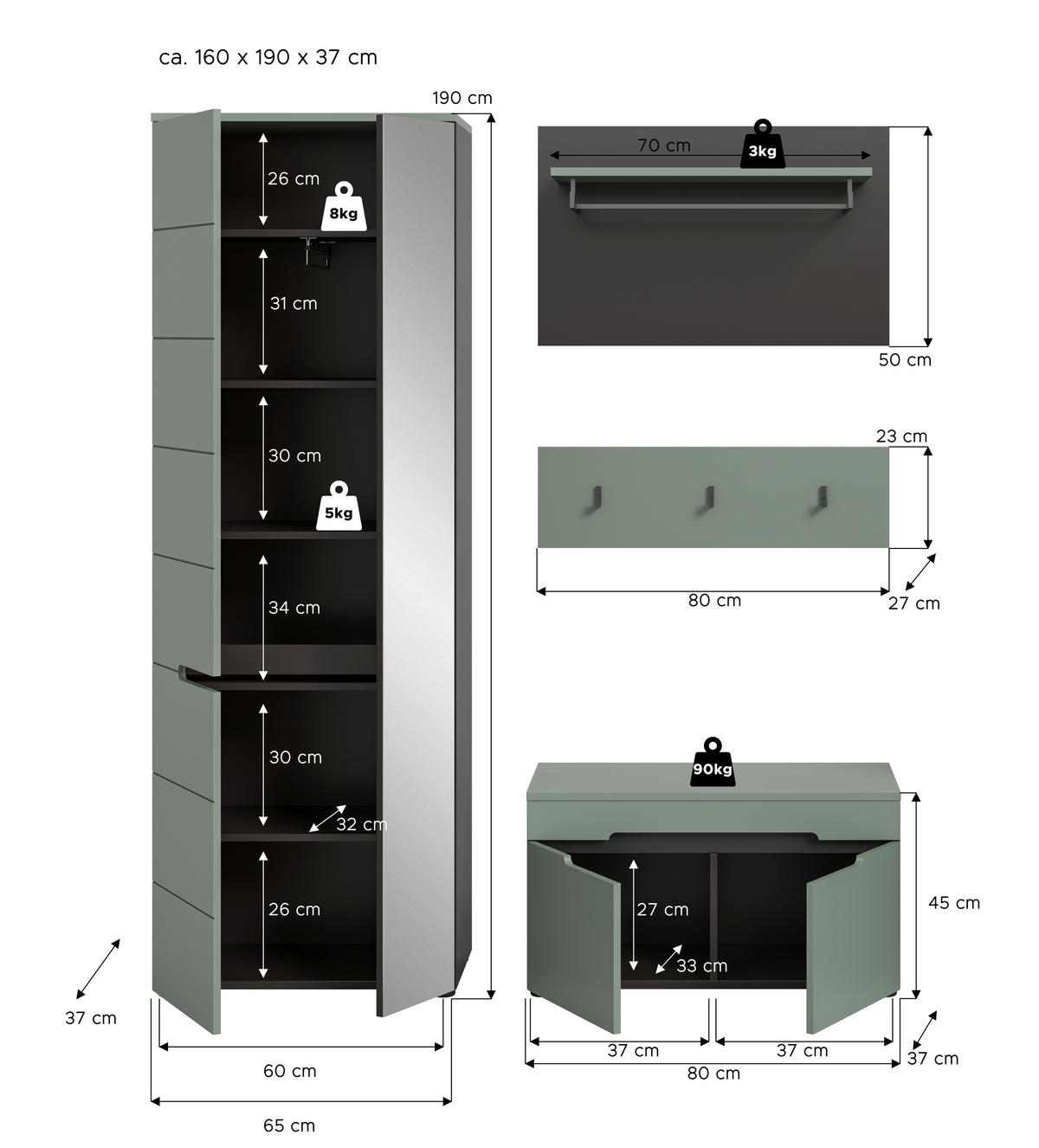 ELŐSZOBAFAL - szürke/szürkészöld, Design, faalapú anyag (160/190/37cm) - Livetastic