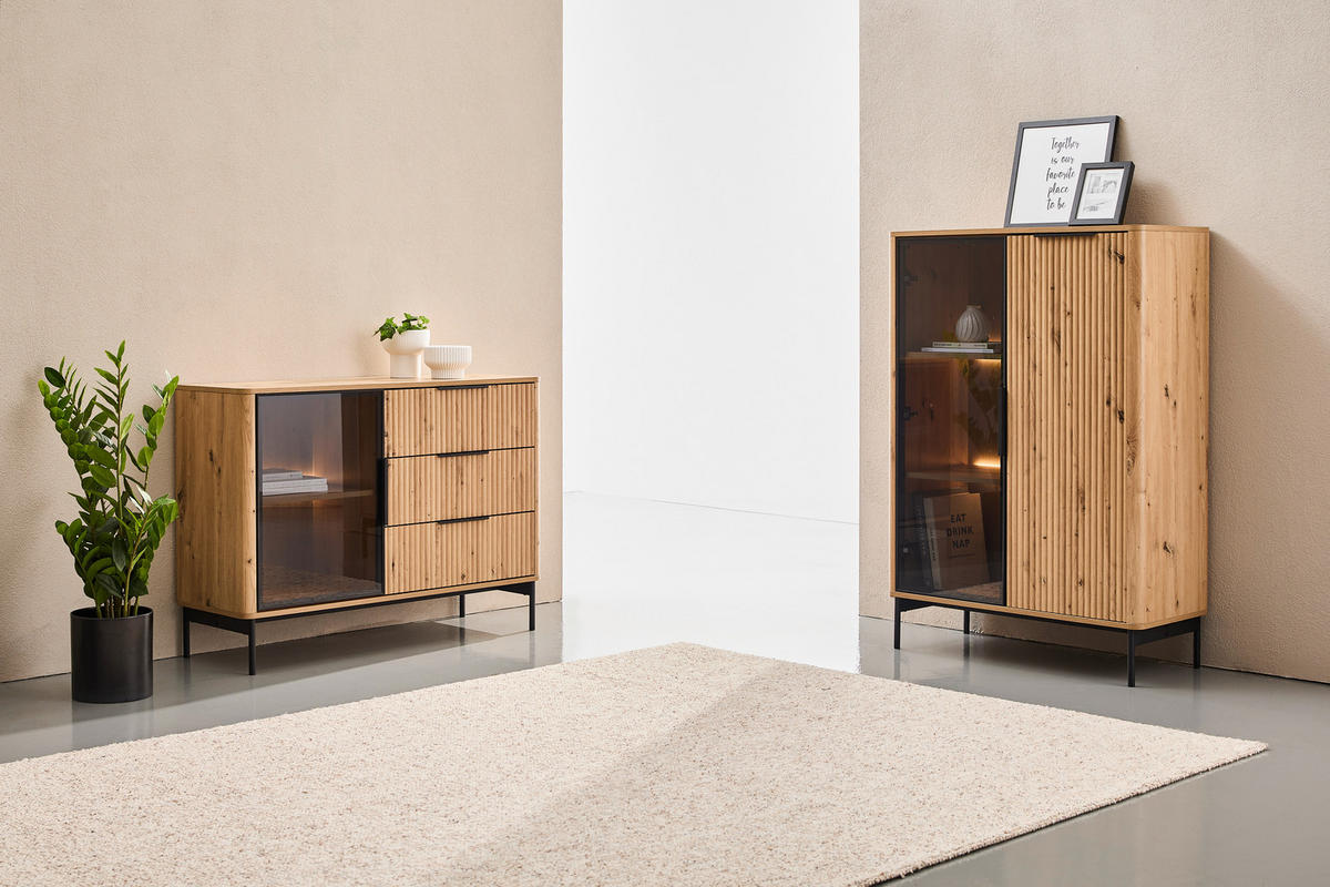 SIDEBOARD  114/82/40 cm 3 Schublade(n)  - Schwarz/Eiche Artisan, Design, Glas/Holzwerkstoff (114/82/40cm) - MID.YOU